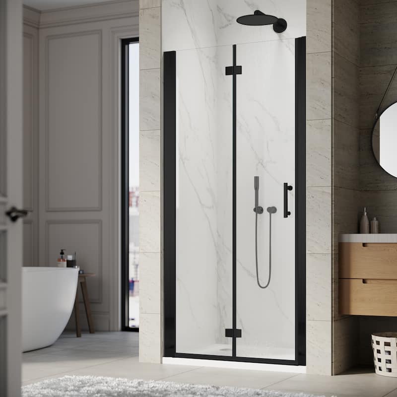Elegant Bi-Fold Frameless Pivot Swing Shower Door Enclosure with Clear Glass Panel and Hardware Kit