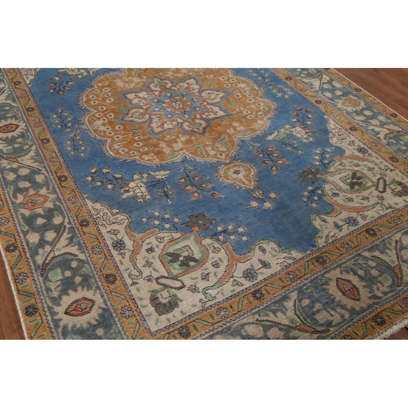 Blue Tabriz Persian Vintage Rug Hand-Knotted Oriental Wool Carpet - 6'5"x 9'5"