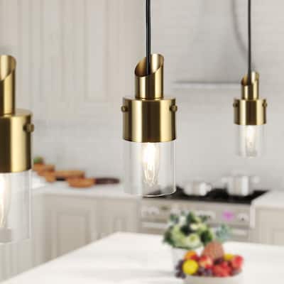 Mid-Century Modern 1-Light Gold Hanging Pendant Lights Cylinder Glass Kitchen Island Lights