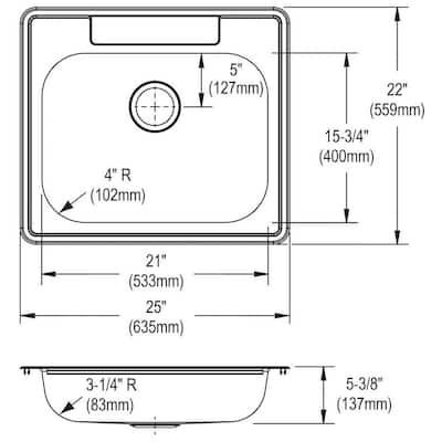 Elkay Dayton 25" Drop In Single Basin Stainless Steel Kitchen Sink - 3 Faucet Holes
