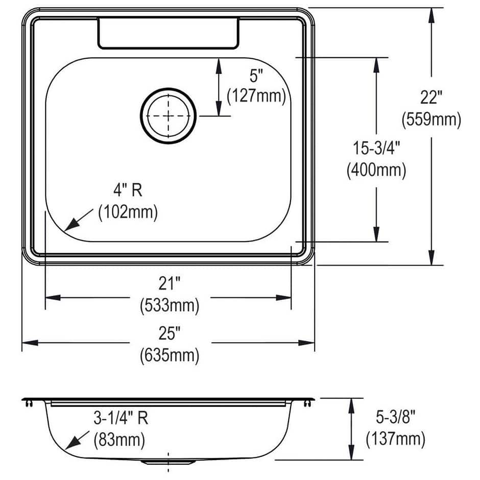 Elkay Dayton 25" Drop In Single Basin Stainless Steel Kitchen Sink - 3 Faucet Holes