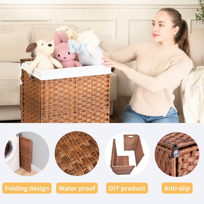 26.4 Gal PE Wicker Clothes Laundry Hamper with Lid, Removable Liner