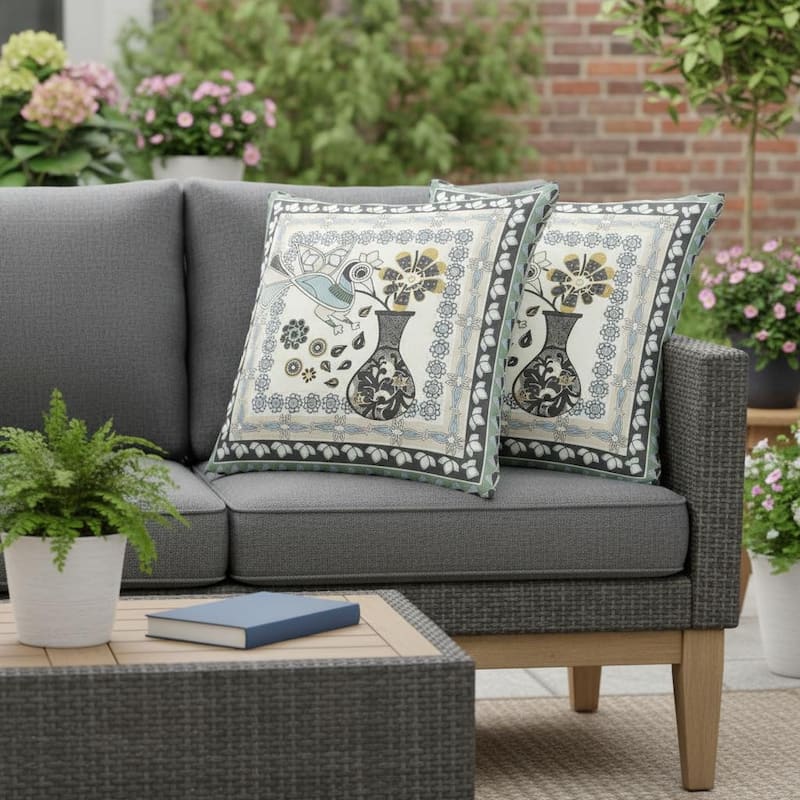 HomeRoots Set of Two 16" X 16" Black and Gray Peacock Blown Seam Floral Indoor Outdoor Throw Pillow - 16.00' X '16.00' X '5.00 - Black/Gray - 16.00' X '16.00' X '5.00