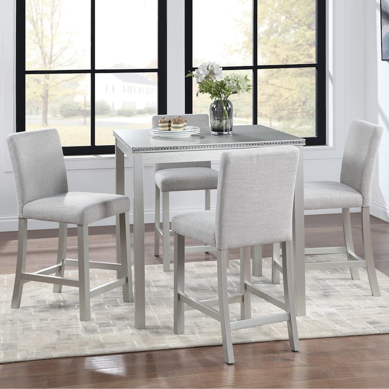GDFStudio - Hamilton 5-Piece Classic Crystal Design Wooden Counter Height Dining Table Set with 4 Upholstered Chairs