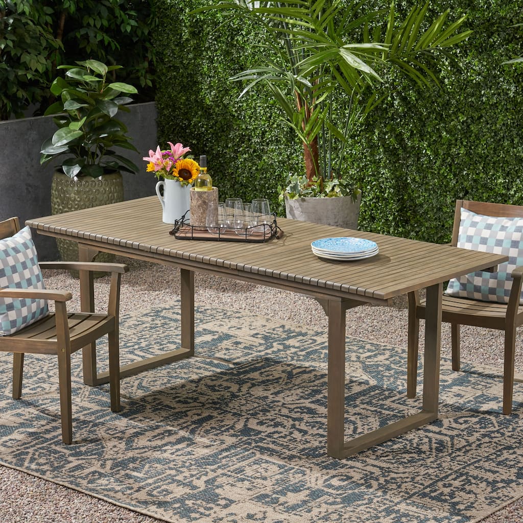 Expandable Acacia Wood Dining Table with Slat Top and U Shaped Legs Outdoor Patio