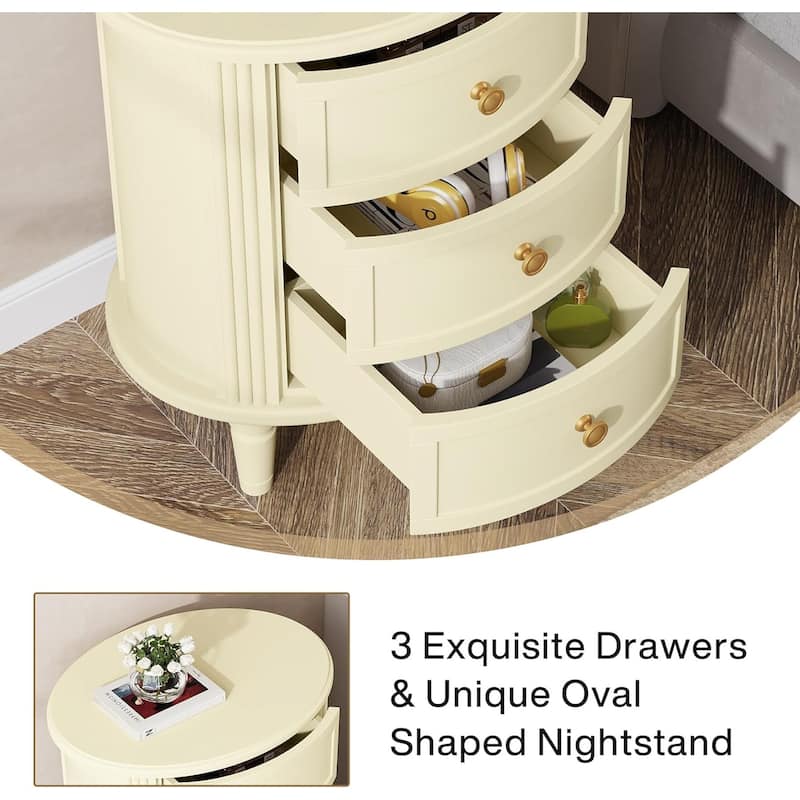 Nightstand with 3 Drawers, White Bedside Table with Storage