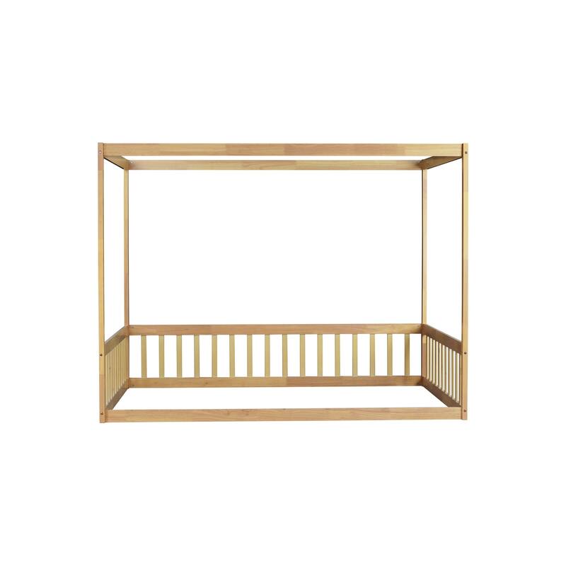 Full Size Canopy Frame Rubber Wood Floor Bed with Fence