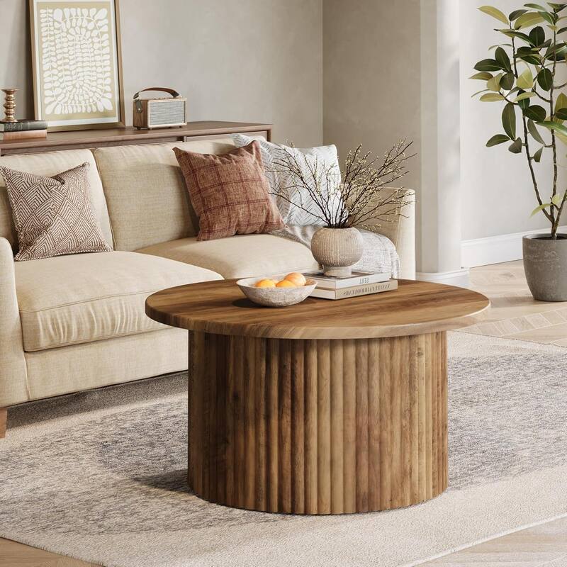31.5 Inches Round Coffee Table, Farmhouse Circle Coffee Table with Metal Base