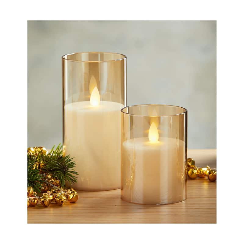 Estella Amber Glass Hurricane with Flameless 3x6 Pillar Candle Indoor Use Decorative Lantern 6x3x3