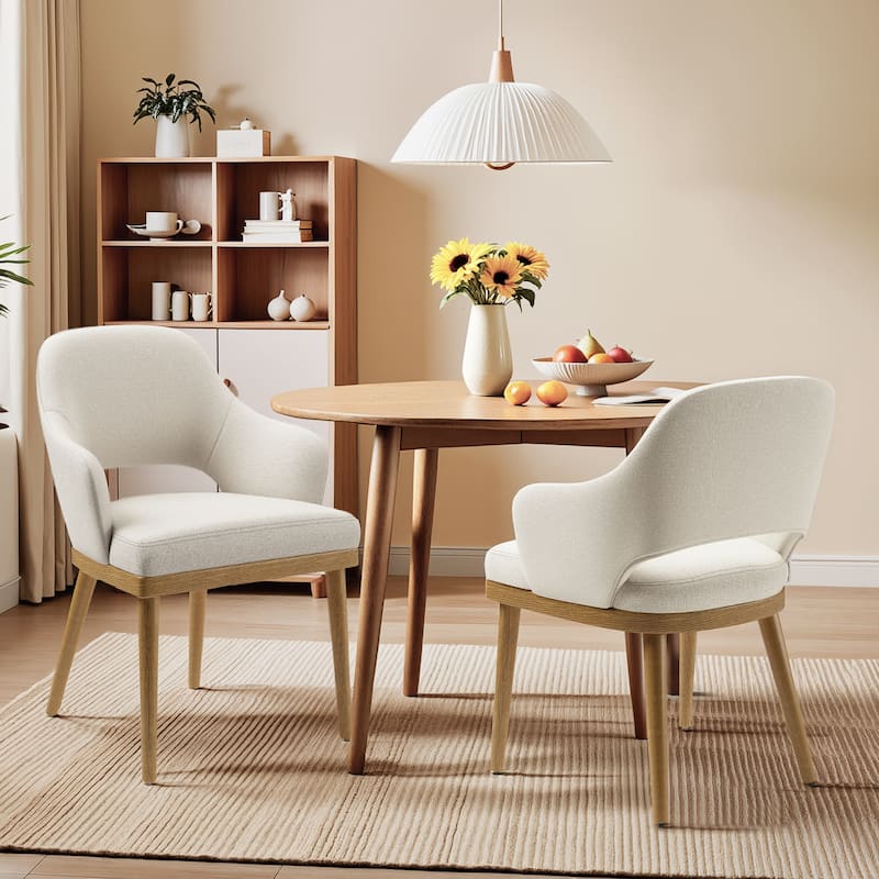 Upholstered Farmhouse Dining Chairs Modern Fabric Kitchen Side Chairs Wooden Back - Set of 2 - Beige