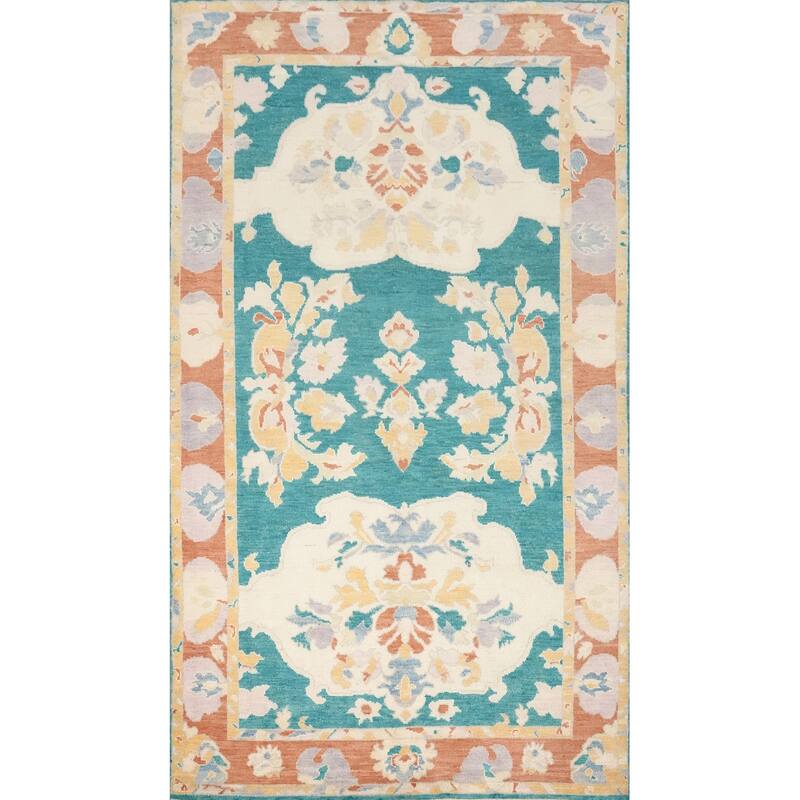 Hand Knotted Oriental 100% Wool Carpet Transitional Floral Green Oushak Area Rug - 8' 9'' X 5' 0''