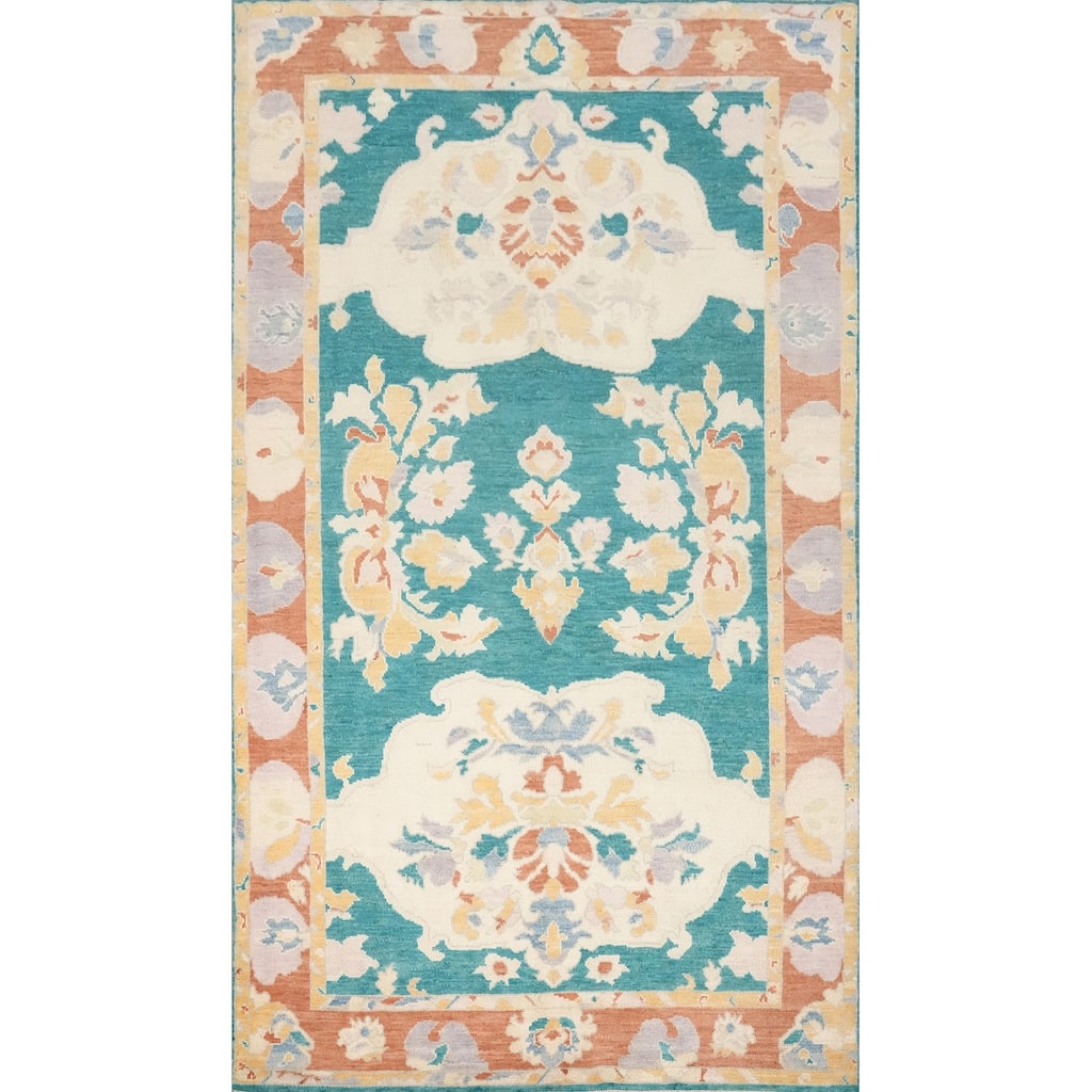 Hand Knotted Oriental 100% Wool Carpet Transitional Floral Green Oushak Area Rug - 8' 9'' X 5' 0''