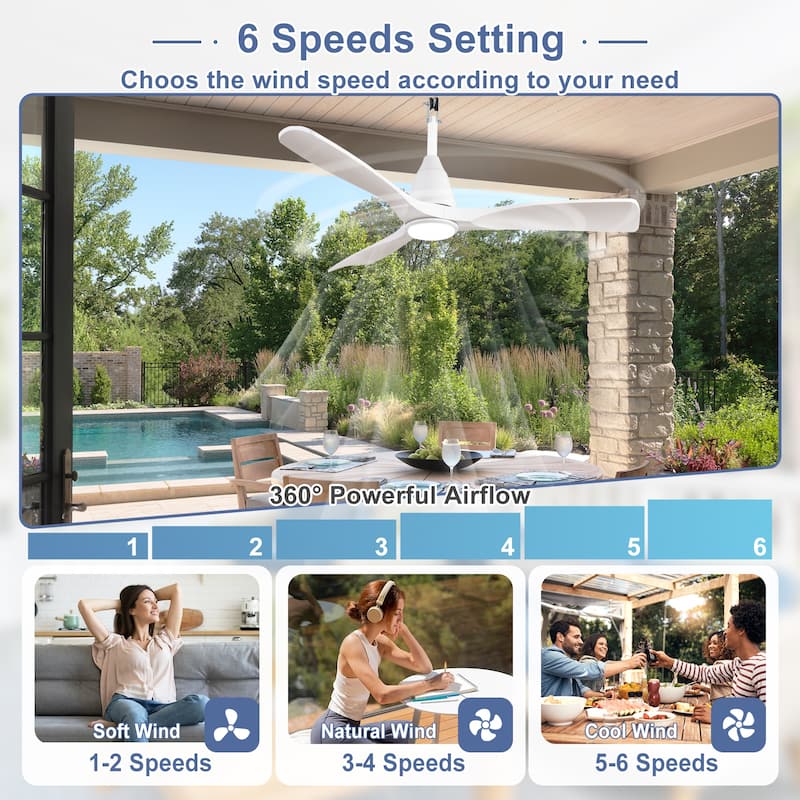 Outdoor Ceiling Fan with Light: Plug-in Hanging Fan, Remote App Control, 3CCT, 6-Speed