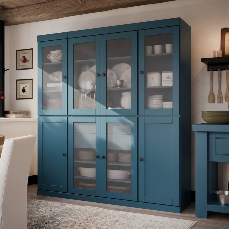 Palace Imports 100% Solid Wood 65" Pantry Cabinet with Frosted Glass, Shaker Doors, 2-Drawers and Adjustable Shelves - Teal Blue