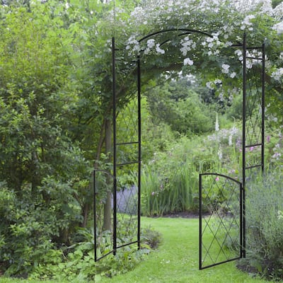 Outsunny 85"Garden Arch Arbor,Metal Arch Trellis w/Gate,Garden Archway