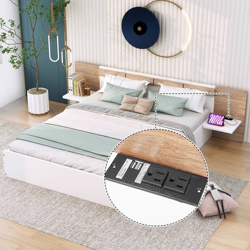 Modern Queen Platform Bed with Storage Drawers, USB Ports, and Headboard Shelves