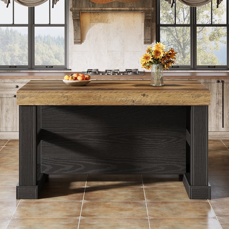 59 Inch Stationary Kitchen Island with Seating and Shelves, Farmhouse Style - 31.5" D x 55.12" W x 35.43" H