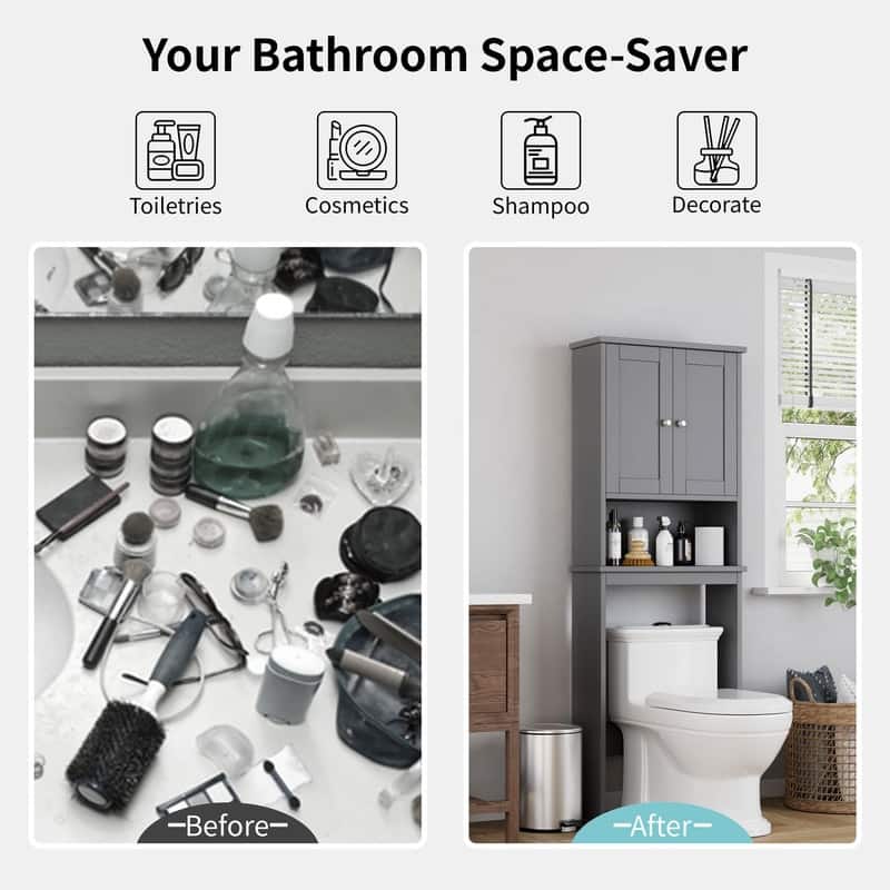 Over The Toilet Storage Cabinet, Wood Door - 8.5"D x 23.6"W x 65.4"H