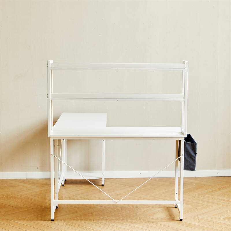 94.5" L Shape Home Office Desk with Storage Shelves and Stool