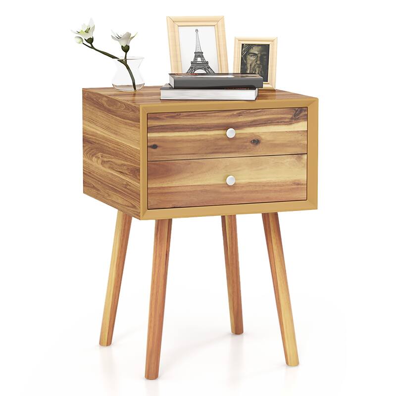 Gymax 2PCS Wooden Nightstand Mid-Century End Side Table W/2 Storage