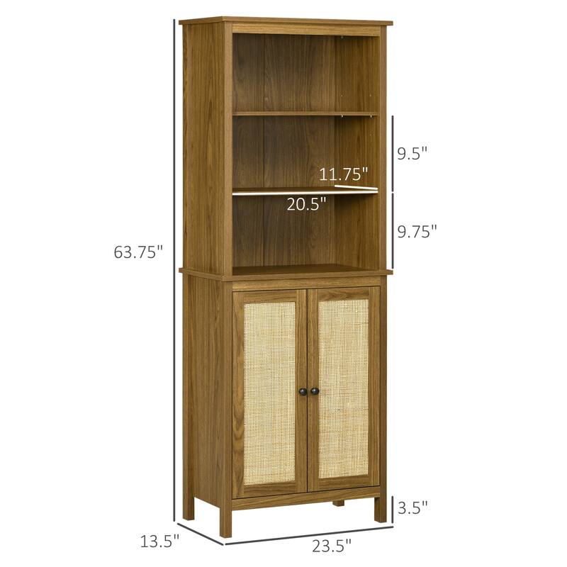 Multi Functional,Bookcase with Cabinet and Open Shelves,Tall Bookshelf,Wooden Bookshelf Features Handcrafted Rattan Door