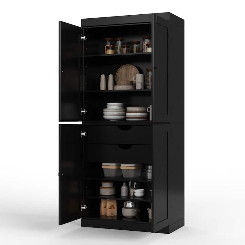 Palace Imports 100% Solid Wood 32" Pantry Cabinet with Shaker Doors, 2-Drawers and Adjustable Shelves - Black