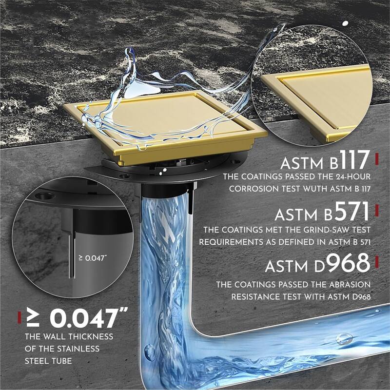 4/6-Inch Square Shower Drain, Reversible Tile Insert