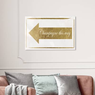 Wynwood Studio 'Champagne This Way' Typography and Quotes Wall Art Canvas Print Funny Quotes and Sayings - Gold, White