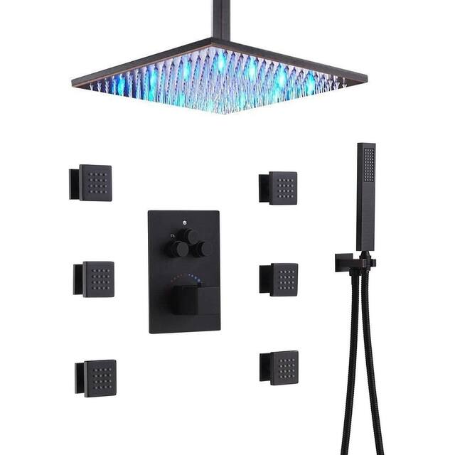 12" LED Ceiling Rainfall Shower 3 Way Thermostatic Faucet System w/ 6 Body Jets - Oil Rubbed Bronze