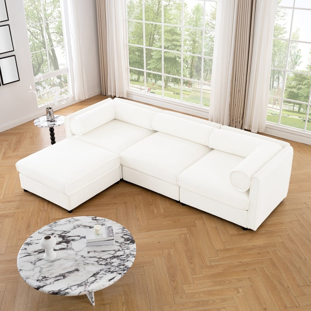 Contemporary L-shaped Chenille Sectional Sofa with Storage Seats and Ottoman