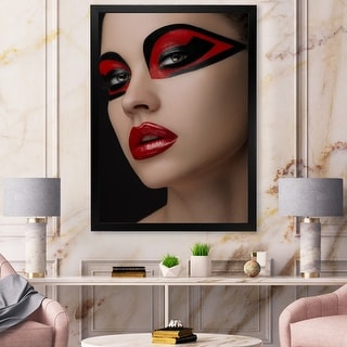 Red Lips Black Makeup on The Eyes of Mask Women - Photograph on Canvas East Urban Home Format: Black Framed Canvas, Size: 20 H x 12 W x 1 D