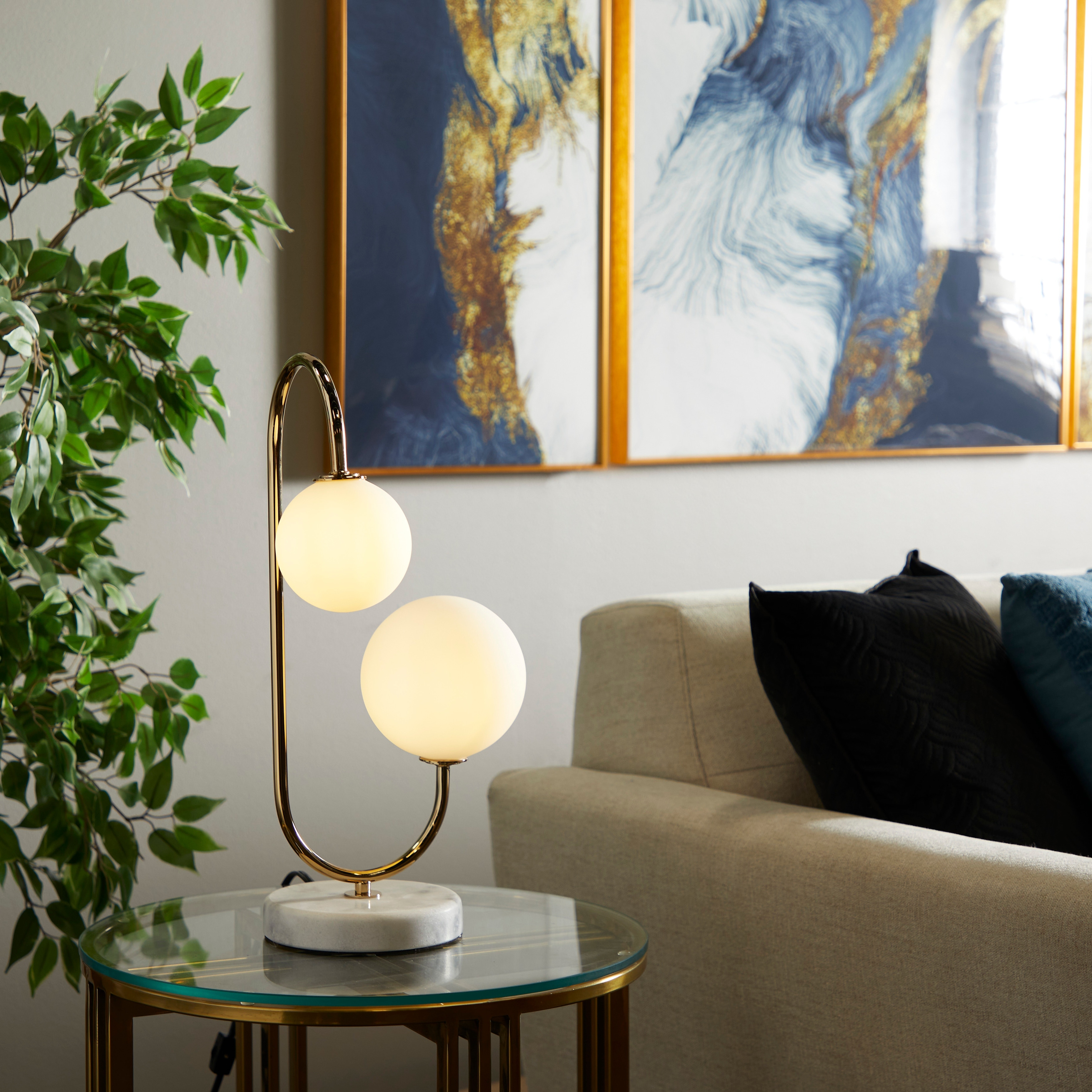 Gold Metal Curved Orb 2 Light Room Table Lamp with White Glass Shades and Marble Base