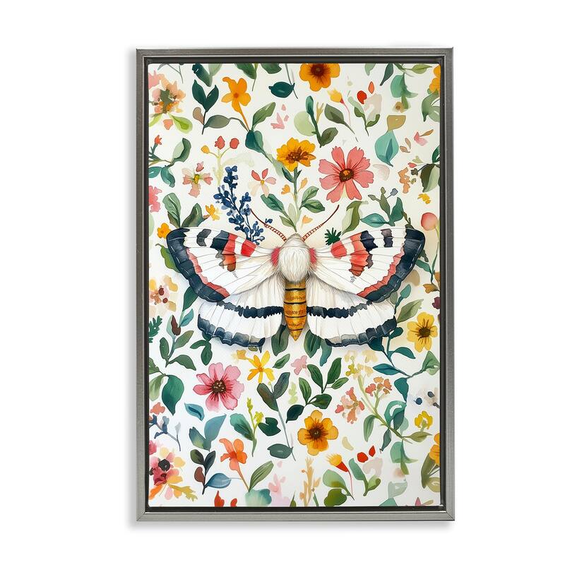 Stupell Butterfly & Bright Flowers Framed Floater Canvas Wall Art Design By The Dutch Lady - 21 x 31 - Grey