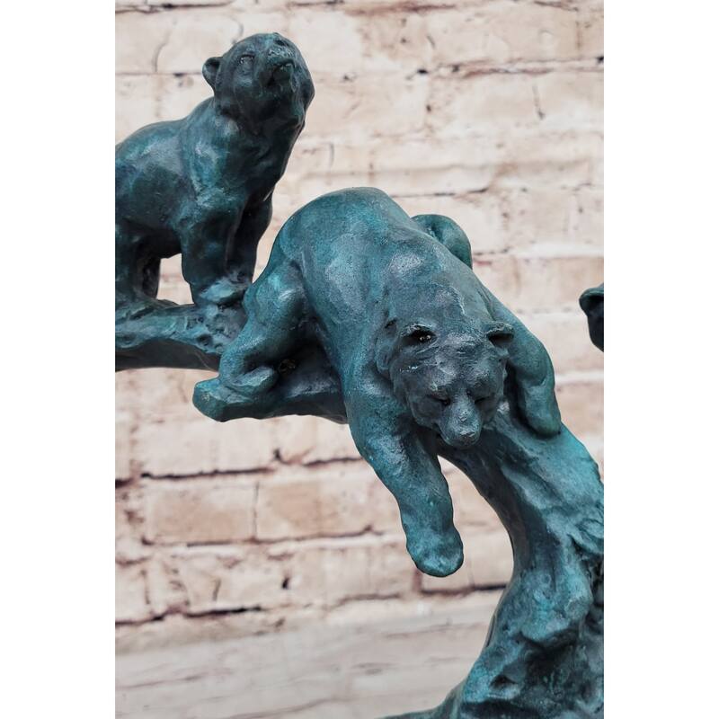 Bear Family Bears On Tree Branch - Bronze Metal Sculpture On White Marble Base