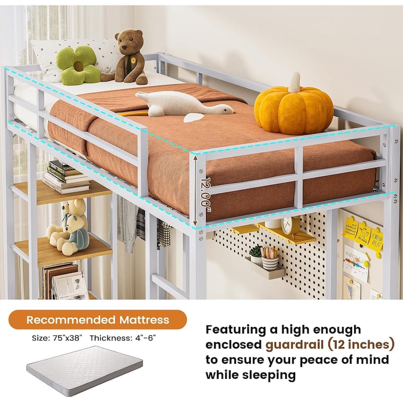 Loft Bed with Desk Gaming Bunk Bed LED Lights Charging Station