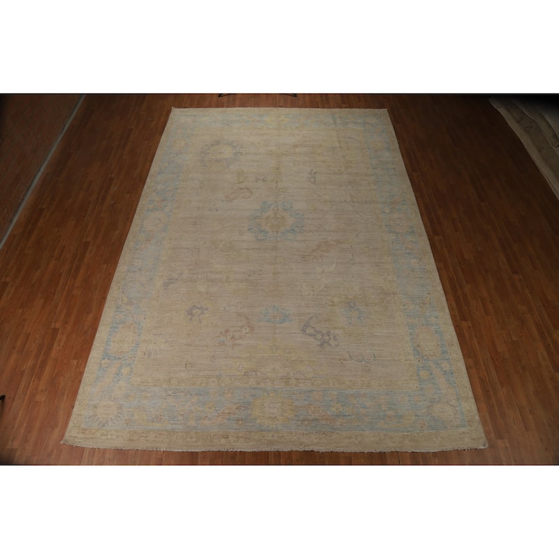 Vegetable Dye Oushak Turkish Large Rug Hand-Knotted Beige Wool Carpet - 10'0"x 14'7"
