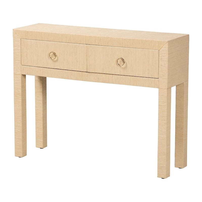 Noah Grasscloth 2-Drawer Console Table - Woven Texture Entryway Table with Gold Ring Pulls, Narrow Hallway or Living Room Accent - Light Brown/Gold