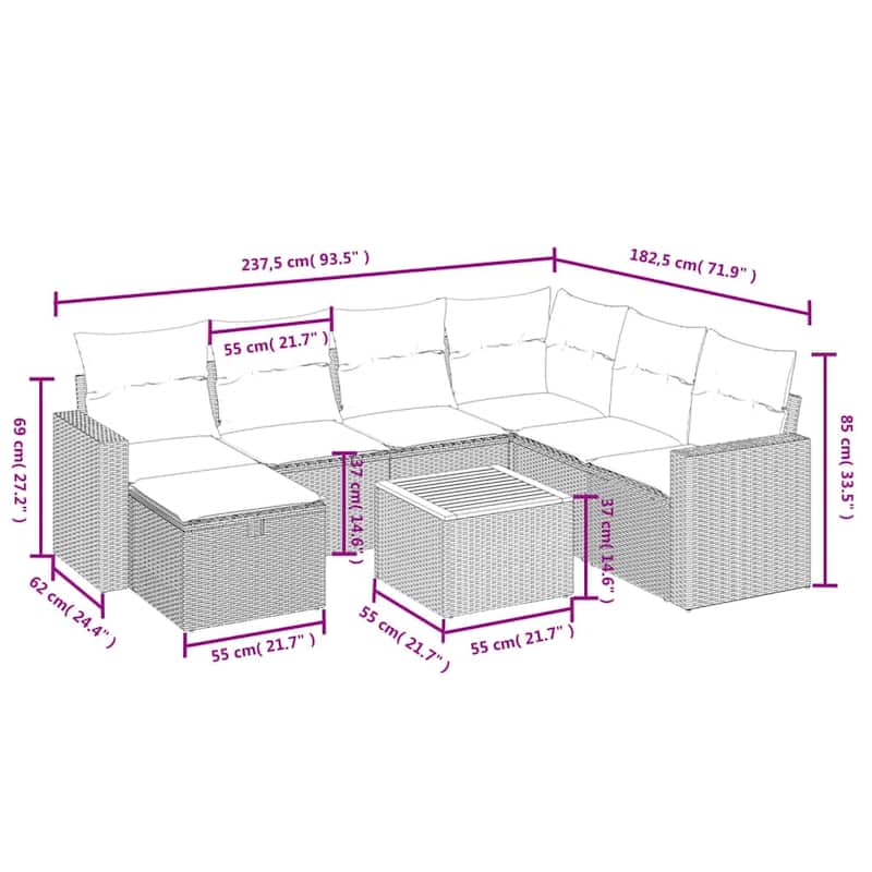 vidaXL Patio Sofa Set with Cushions Outdoor Furniture 8 Piece Poly Rattan - 24.4" x 24.4" x 27.2"