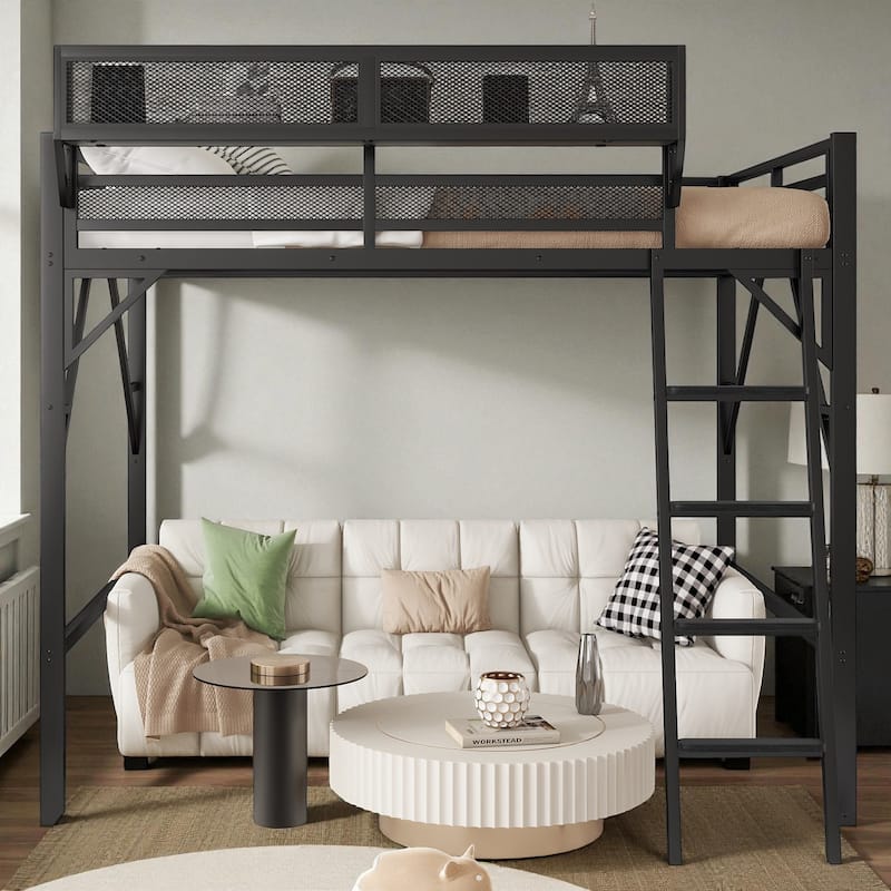Queen Size Metal Loft Bed with Ladder and Storage Shelves, High Loft Bed Frame for Kids and Teens