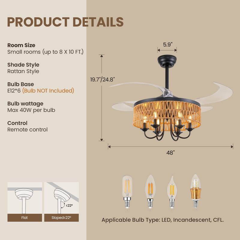 48" Boho Rattan Retractable Drum Ceiling Fan with Light and Remote - 48''- 6 Lights