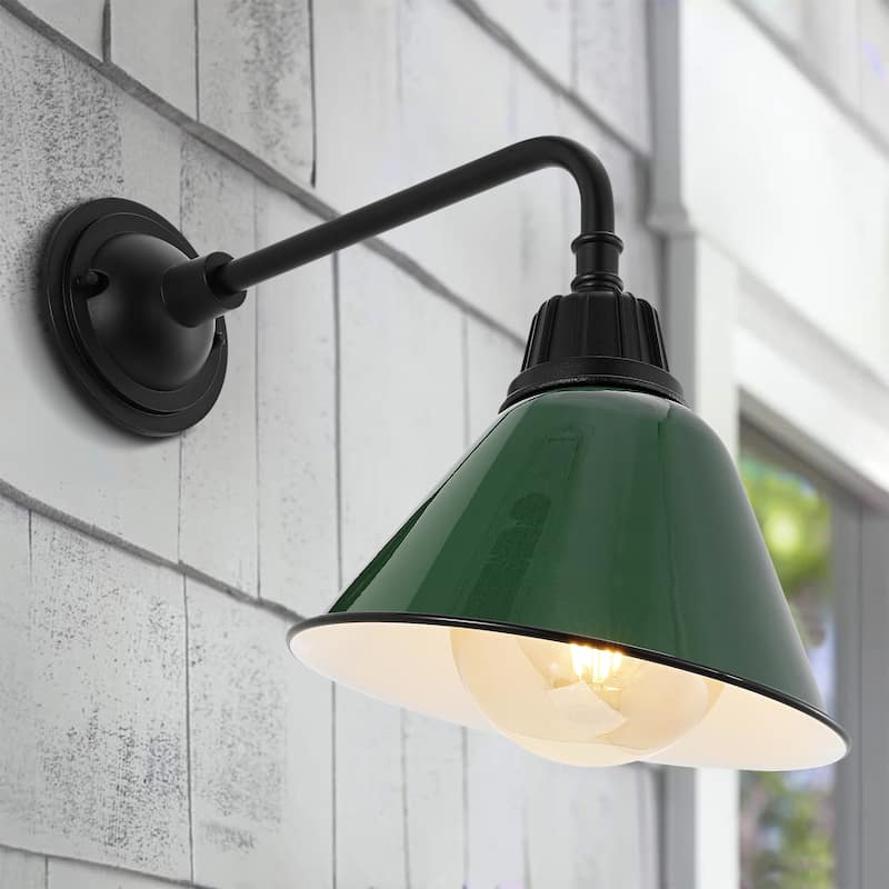Aurora 9.63" 1-Light Farmhouse Industrial Indoor/Outdoor Iron LED Gooseneck Arm Outdoor Sconce, by JONATHAN Y - 9.63