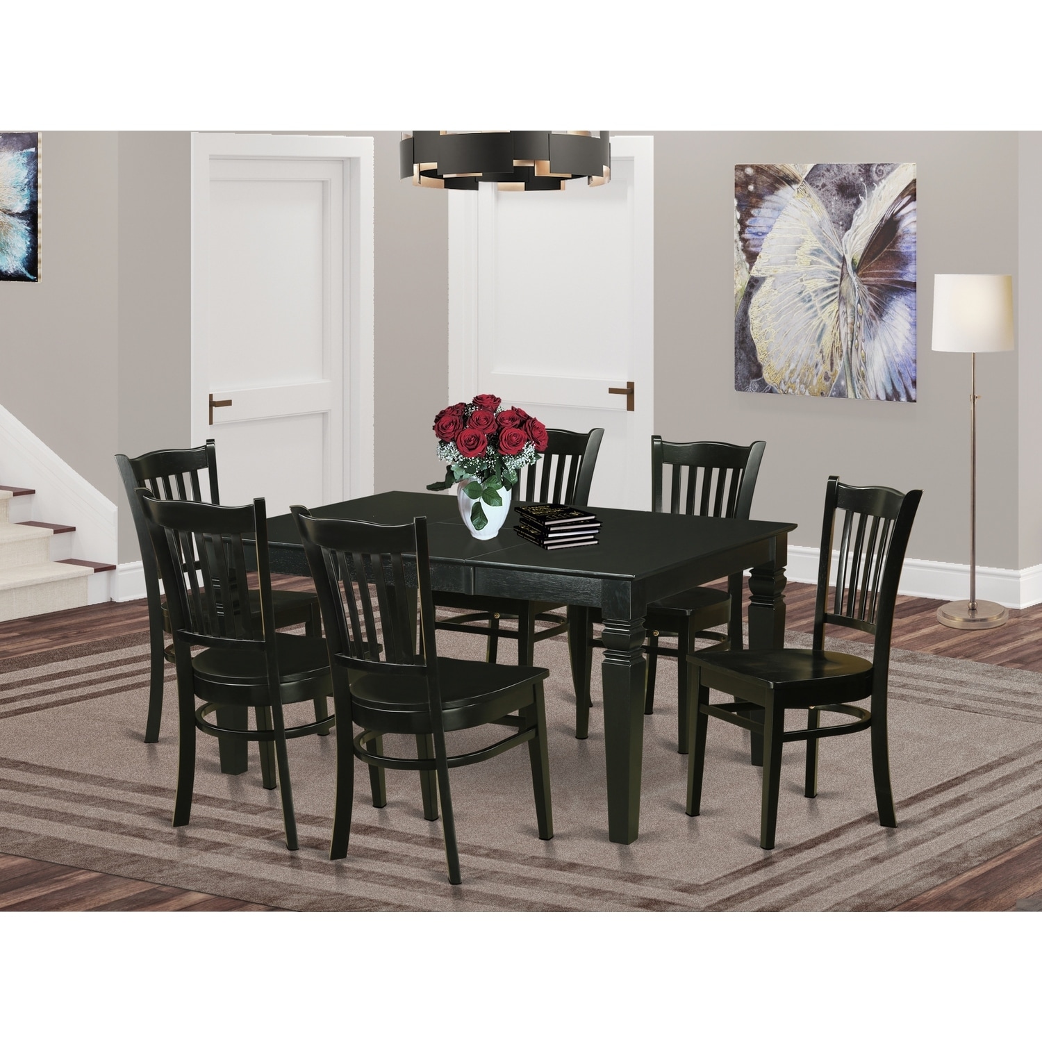 HomeStock 7-Piece Rectangle Black Finish Solid Wood Top Dining Table with 6 Chairs