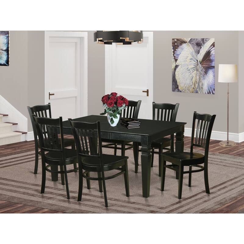 HomeStock 7-Piece Rectangle Black Finish Solid Wood Top Dining Table with 6 Chairs with Lattice Back