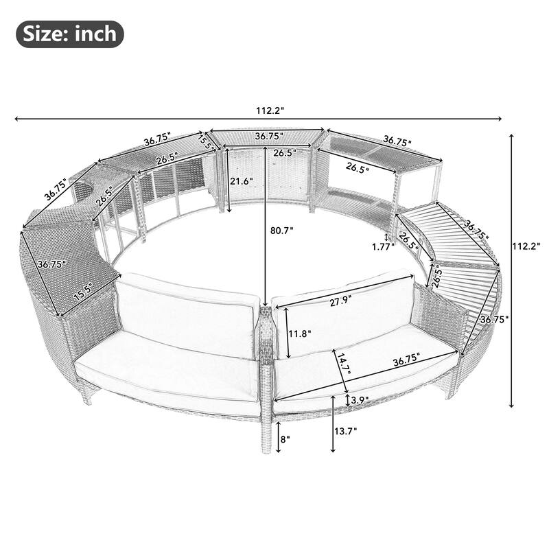 Outdoor Patio Rattan Spa Surround Frame Sofa Set with Storage Spaces, Bench and Cushions