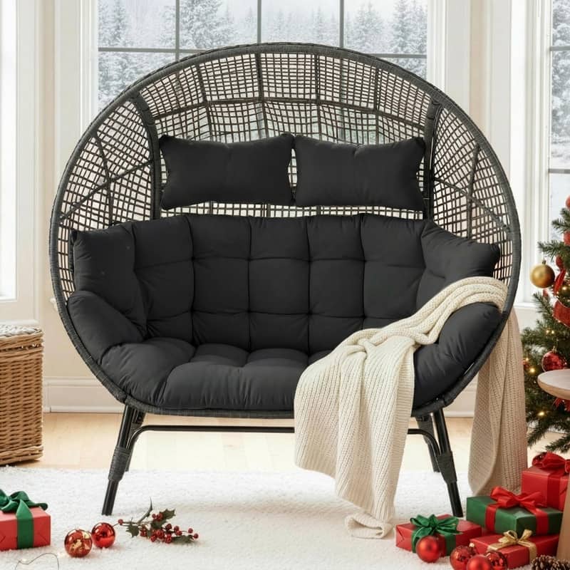 FINCATI 2-Person Indoor/Outdoor Wicker Egg Chair Loveseat, 57.1-in Wide, 6.5-in Cushion, 680-lb Capacity - Dark Grey
