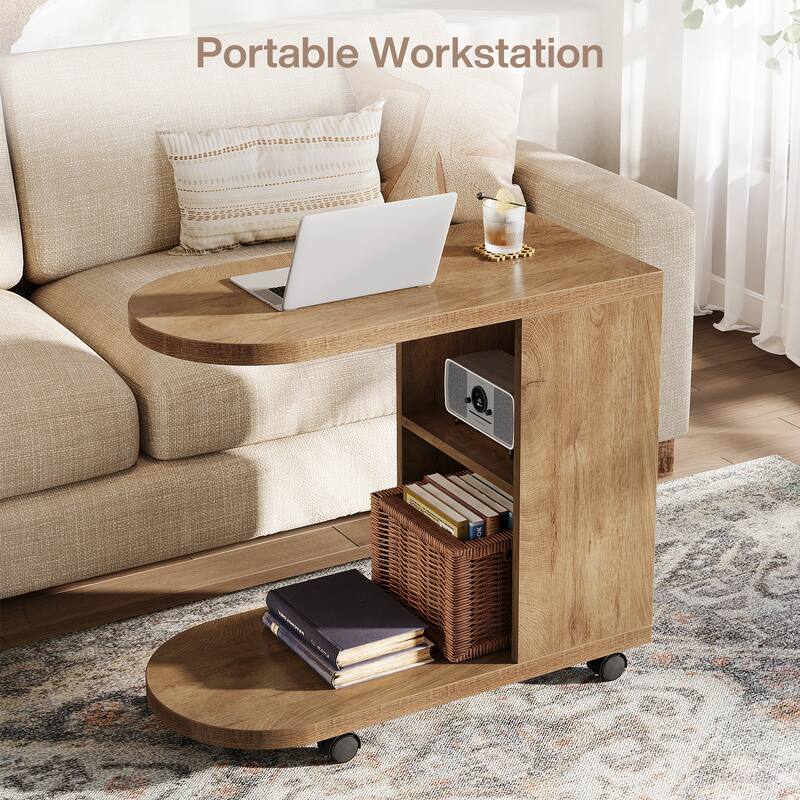 C Shaped Sofa Side Table, Mobile Bedside End Table with Storage