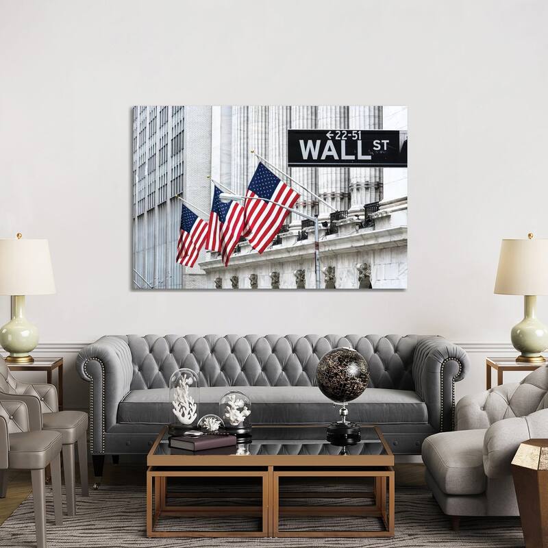 iCanvas "American Flags & Wall Street Signage, New York Stock Exchange, Financial District, NYC" by Matteo Colombo Canvas Print