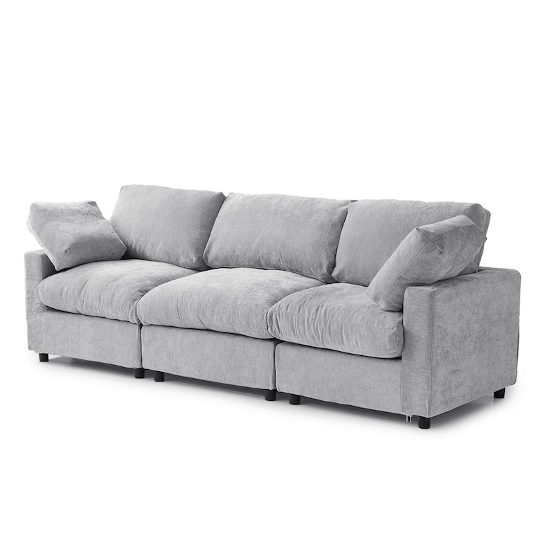 Minimalist 3-Seater Sofa Chenille Upholstered Modular Sectional Couch Removable Cover, Spring Cushions, Solid Wood Frame
