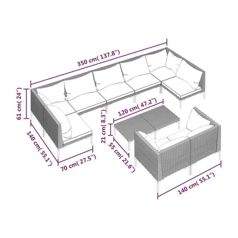 vidaXL Patio Lounge Set Outdoor Sectional Sofa Set Table Poly Rattan Dark Grey - 27.6" x 27.6" x 24"