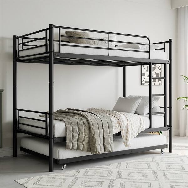 slide 2 of 12, Twin Bunk Bed with Trundle Metal Bunkbeds with Ladder and Guardrail Black